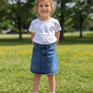 Wonder Nation White Tee with Rainbow and Denim Skirt
